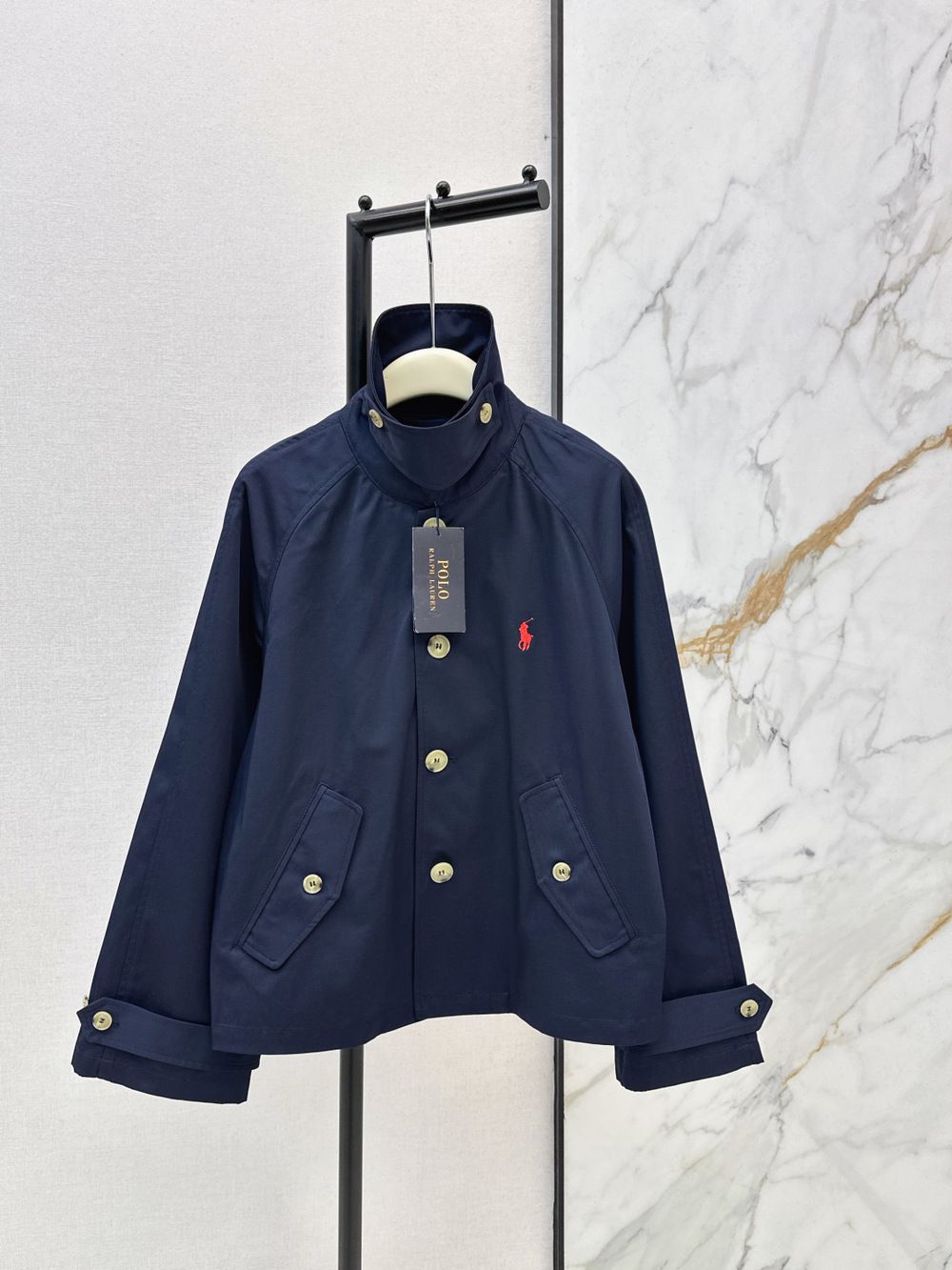 Polo Ralph Lauren Navy Stand Collar Cropped Jacket Red Pony Logo